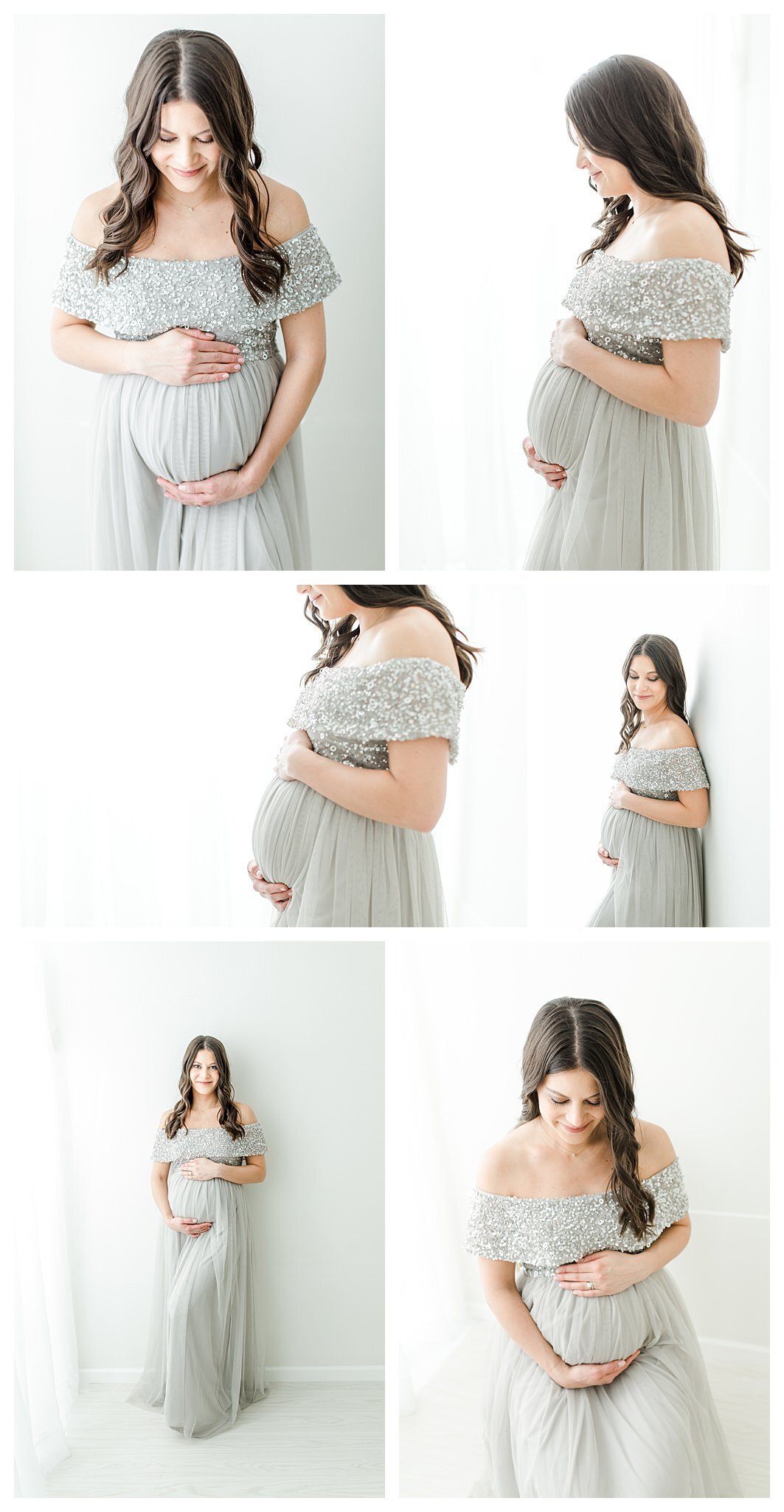 Fairfield County Connecticut Maternity Photographer - studio maternity session with Pregnant Mom in gray formal dress