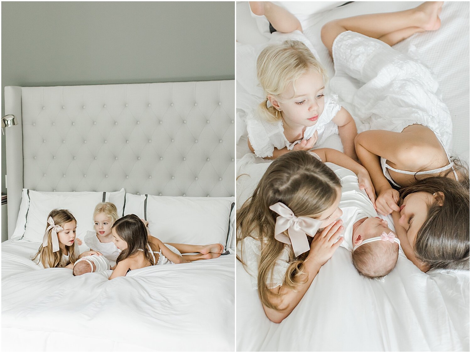 3 big sisters adoring their newest baby sister during newborn session in a beautiful home in Rye, NY. Photos by Kristin Wood Photography.