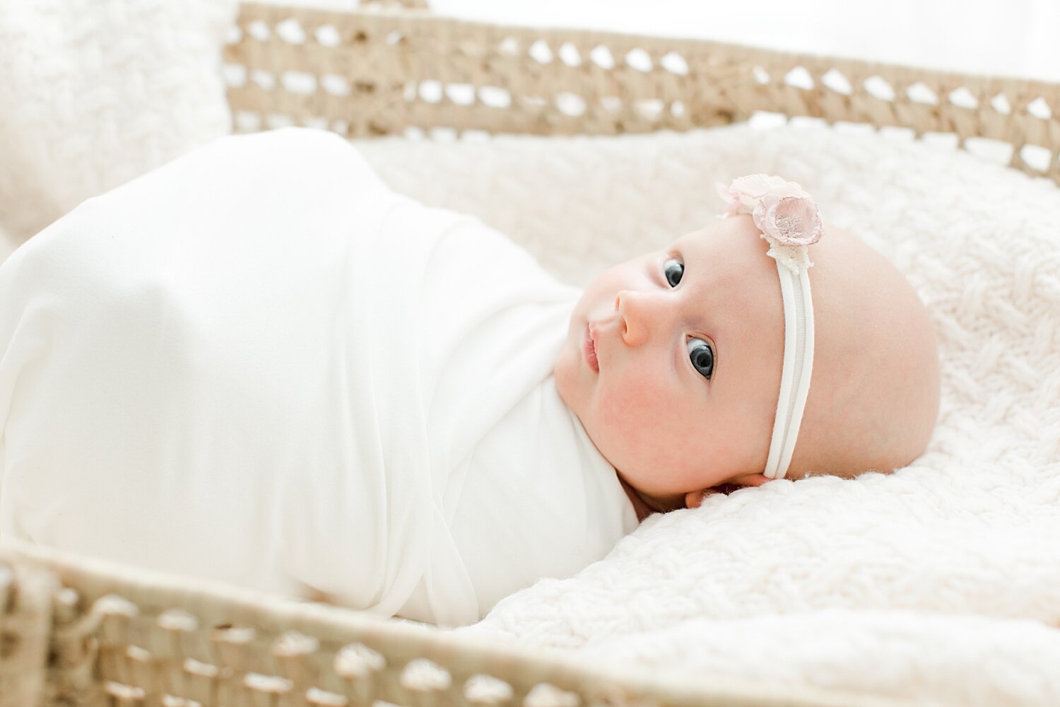 Newborn baby girl swaddled laying in a Moses Basket. Photos by Kristin Wood Photography. 