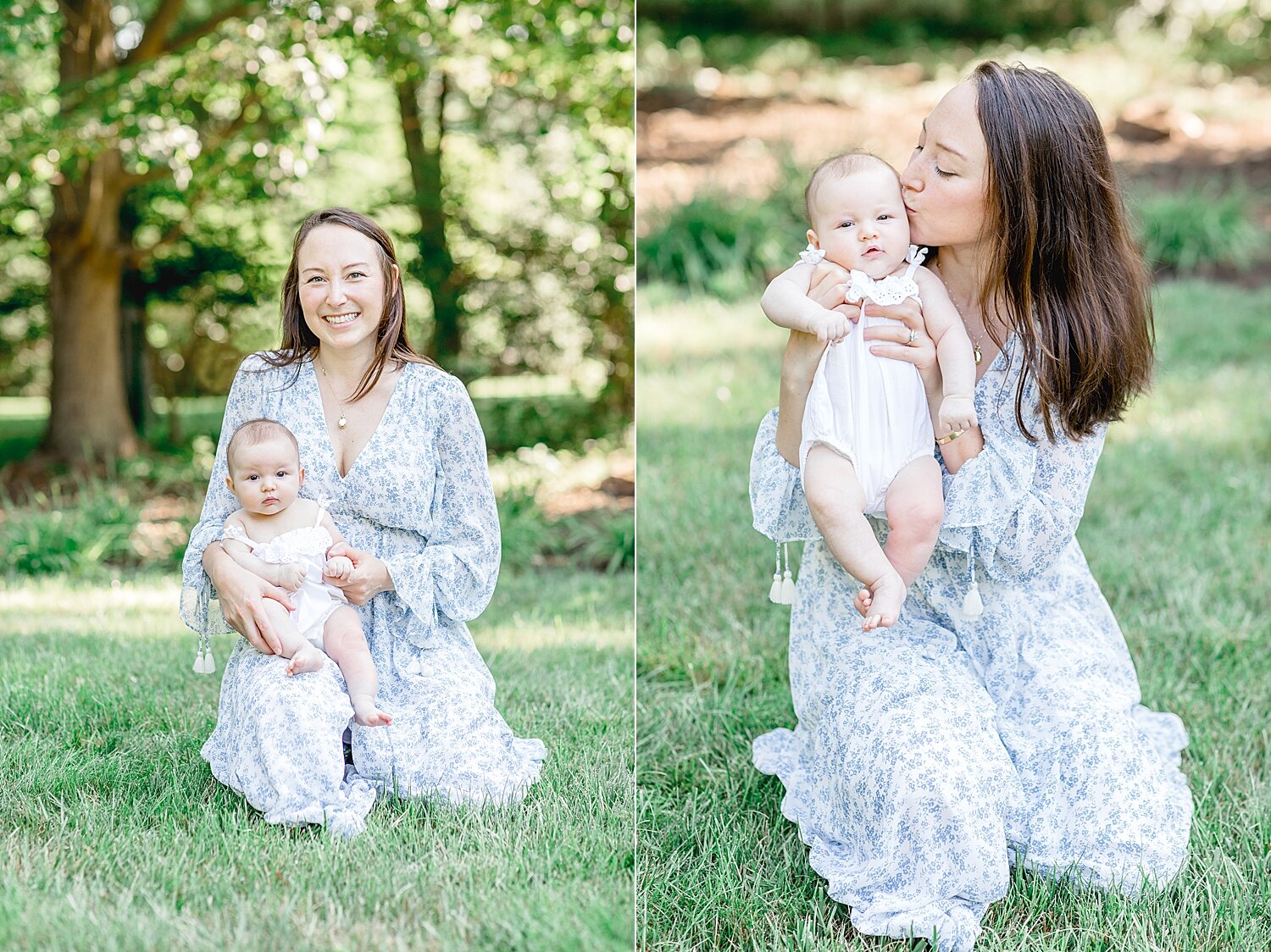 Mom with second baby girl during beautiful outdoor newborn photoshoot. Photos by Kristin Wood Photography.