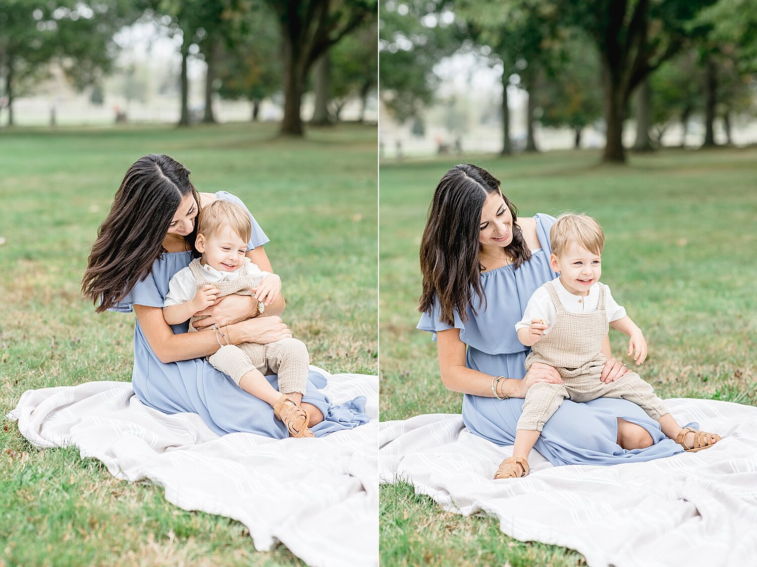Mom sitting on blanket with her toddler son. Photos by Kristin Wood Photography.