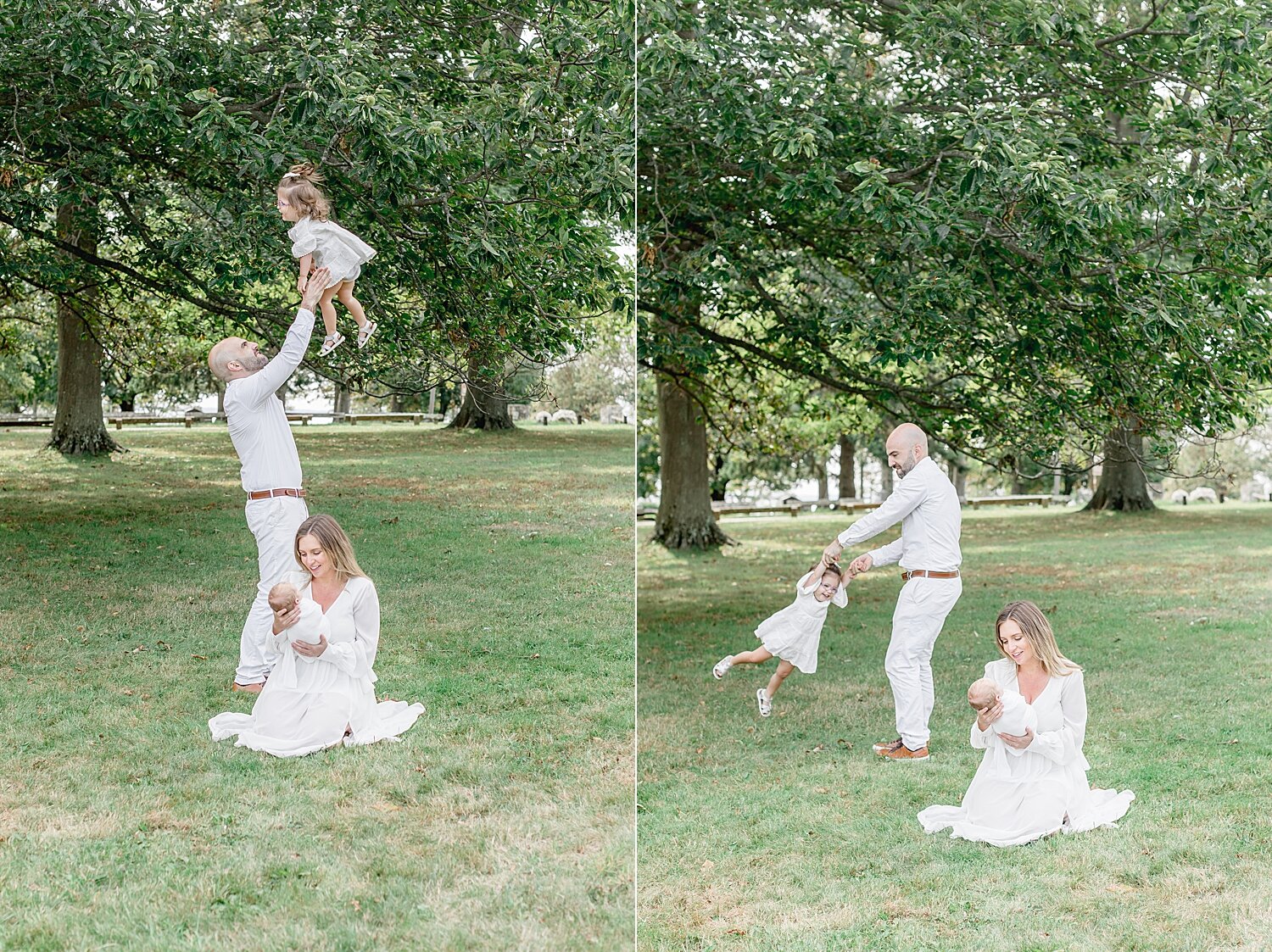 Parents playing in the park at Sherwood Island with newborn son and toddler daughter. Photos by Kristin Wood Photography.