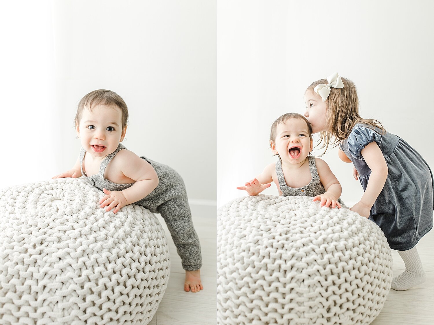 One year old standing by a poof with big sister | Kristin Wood Photography