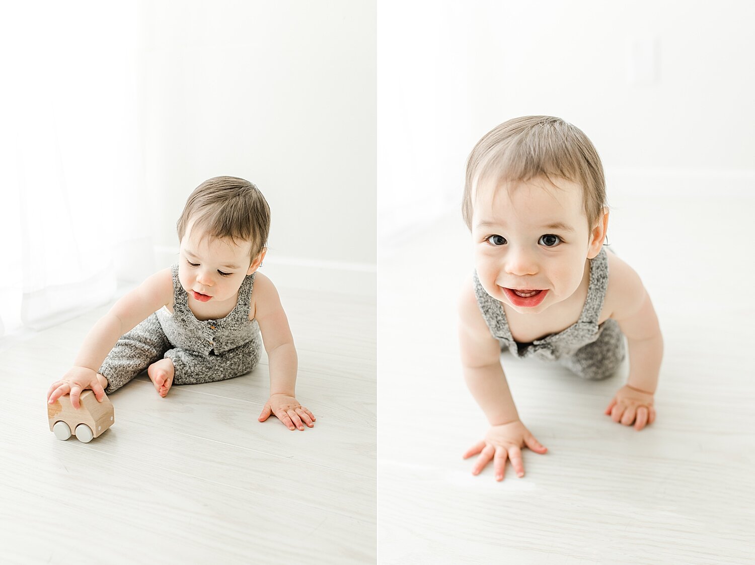 One year old boy playing with a wood truck during photoshoot with Kristin Wood Photography.