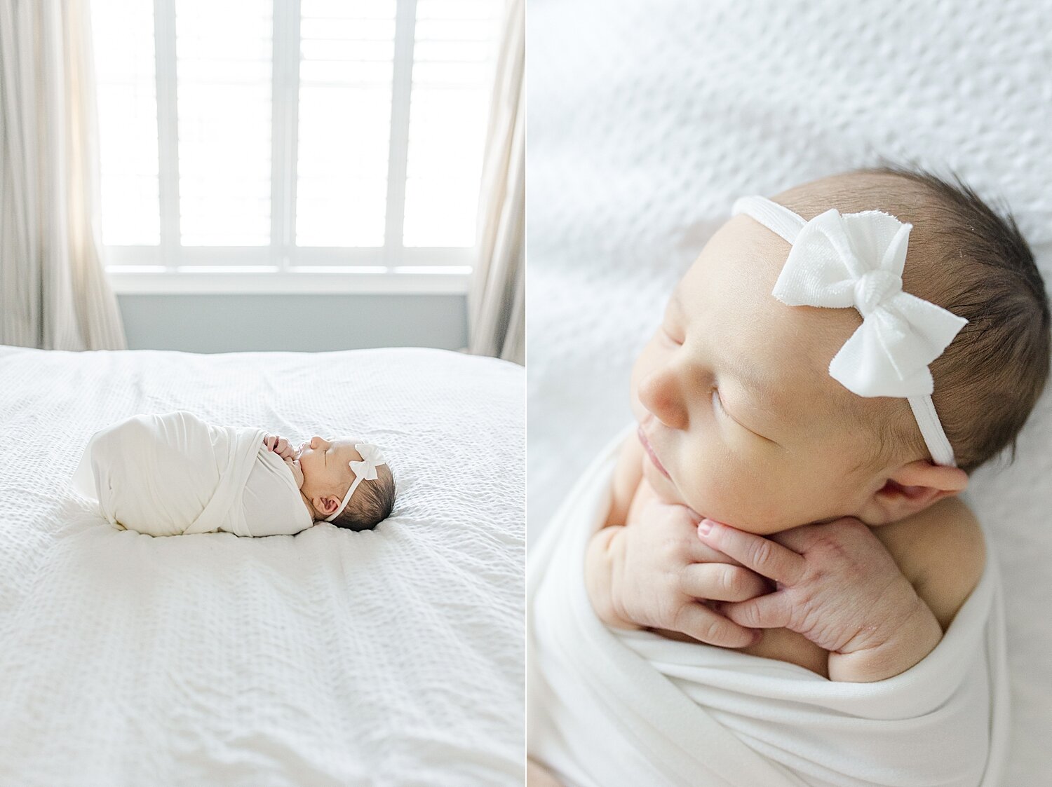 Newborn swaddled laying on bed. Photos by Kristin Wood Photography.