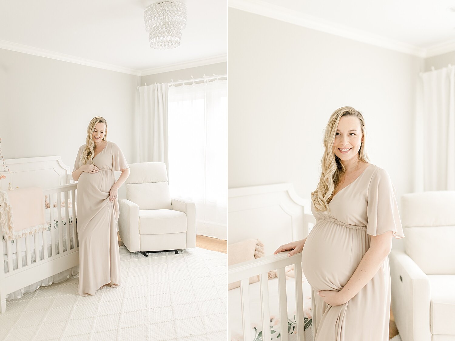 Lifestyle photoshoot for pregnancy in baby girl's nursery. Photo by Kristin Wood Photography.