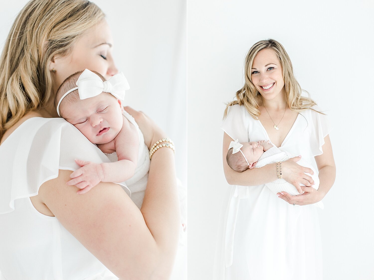 Mom and newborn daughter in studio for newborn photos with Kristin Wood Photography.