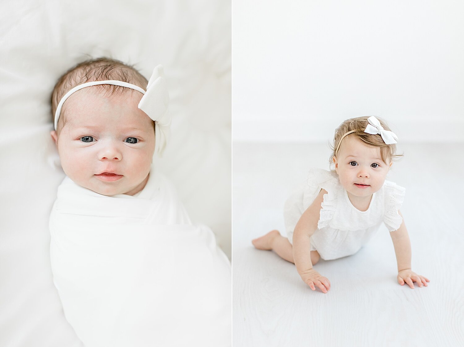 Side-by-side photo of baby girl as a newborn and on her first birthday. Photos by Kristin Wood Photography.