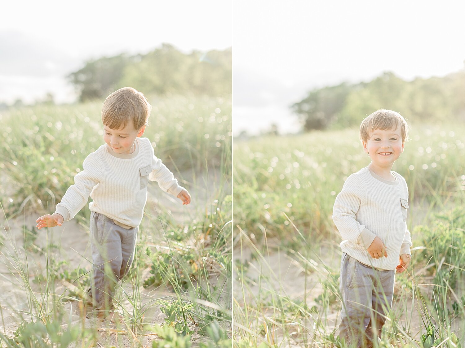 Two year old walking through the grass at Sherwood Island | Kristin Wood Photography