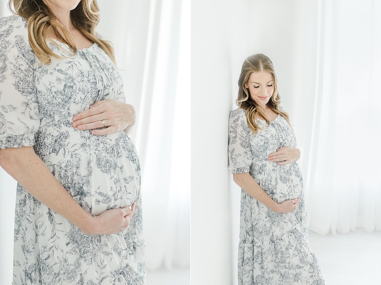 Mom wearing beautiful floral dress for maternity photos in studio in Westport, CT with Kristin Wood Photography.