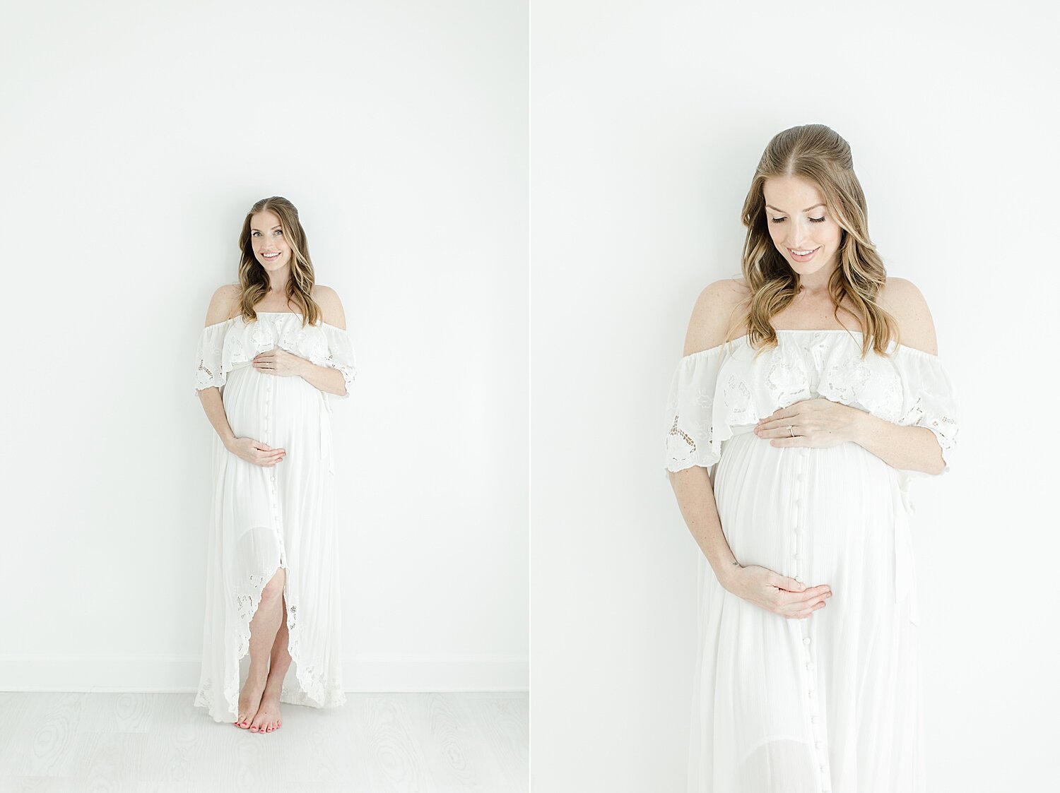 Mama-to-be wearing white fillyboo maternity dress for photos in studio with Kristin Wood Photography.