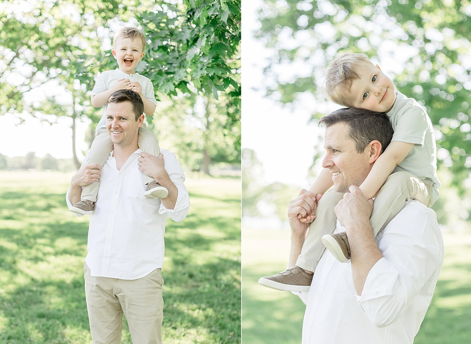 Toddler-aged boy riding on Dad's shoulders during family portraits with Kristin Wood Photography.