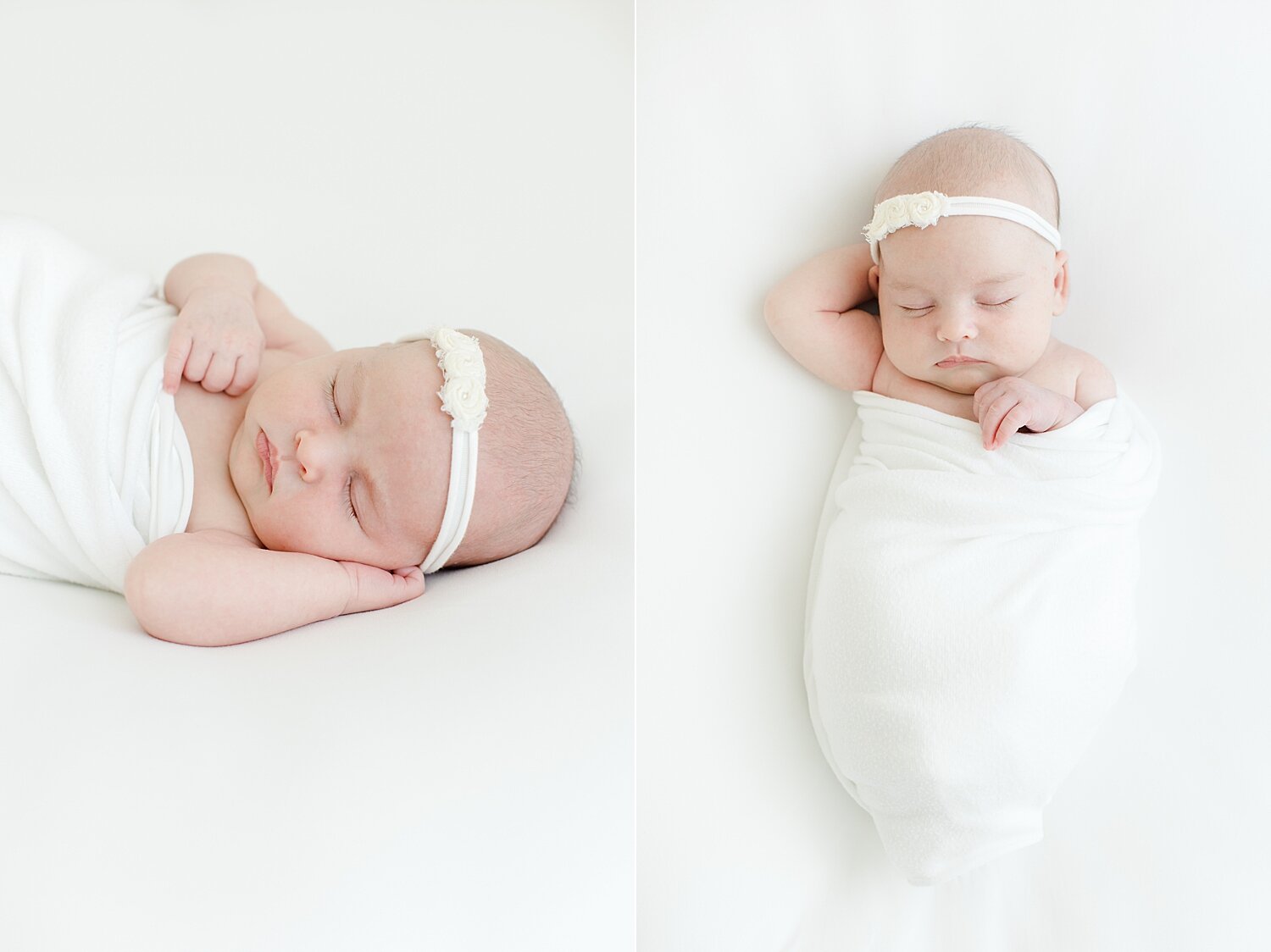 Baby girl swaddled in white with white headband for newborn session with Fairfield County photographer, Kristin Wood Photography.