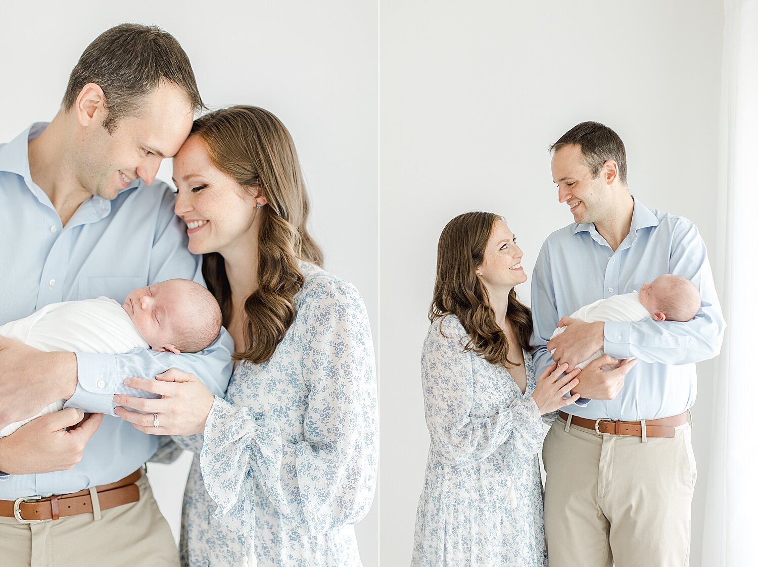 Mom and Dad looking at each other while holding son for newborn photos with Kristin Wood Photography.