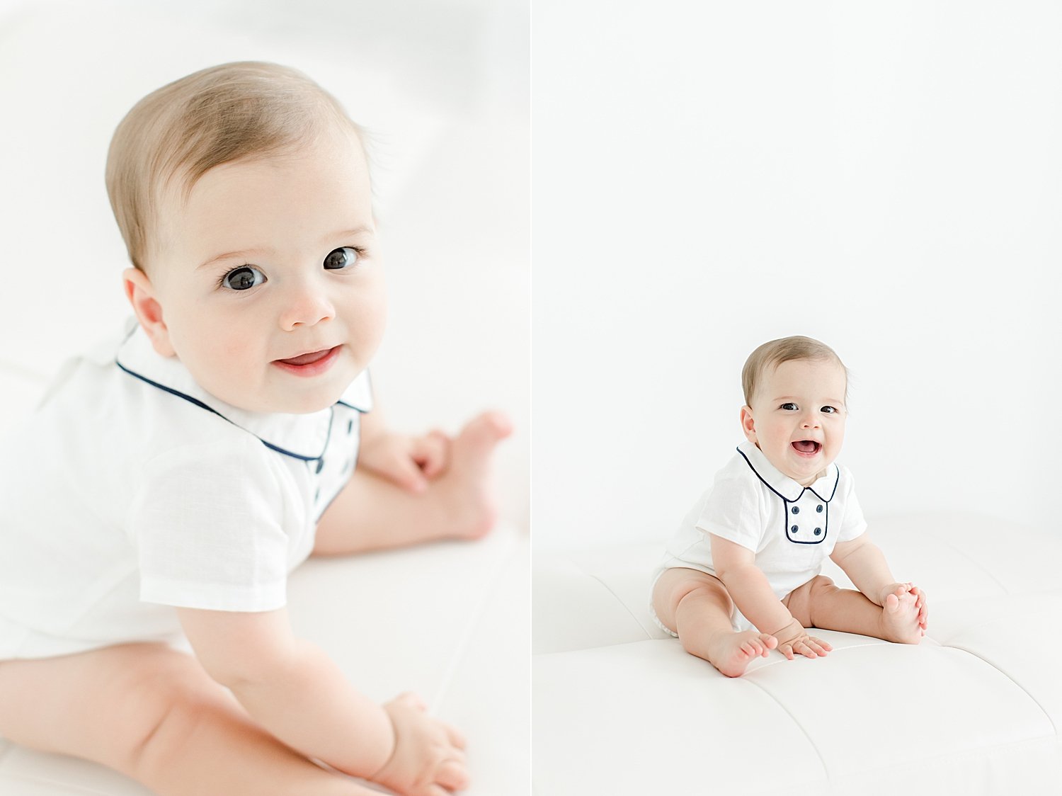 8 month old baby boy sitting up for milestone photos with Kristin Wood Photography.