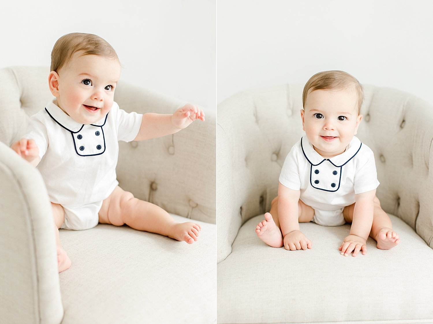 8 month old baby boy sitting up for milestone photos with Kristin Wood Photography.