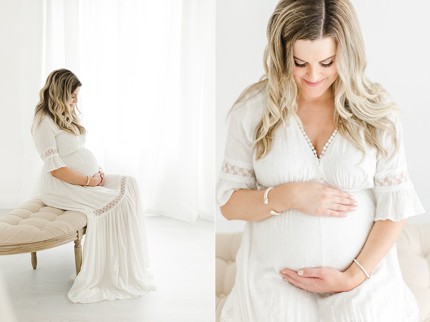 Pregnant mom sitting on bench in studio for maternity photos with Kristin Wood Photography.
