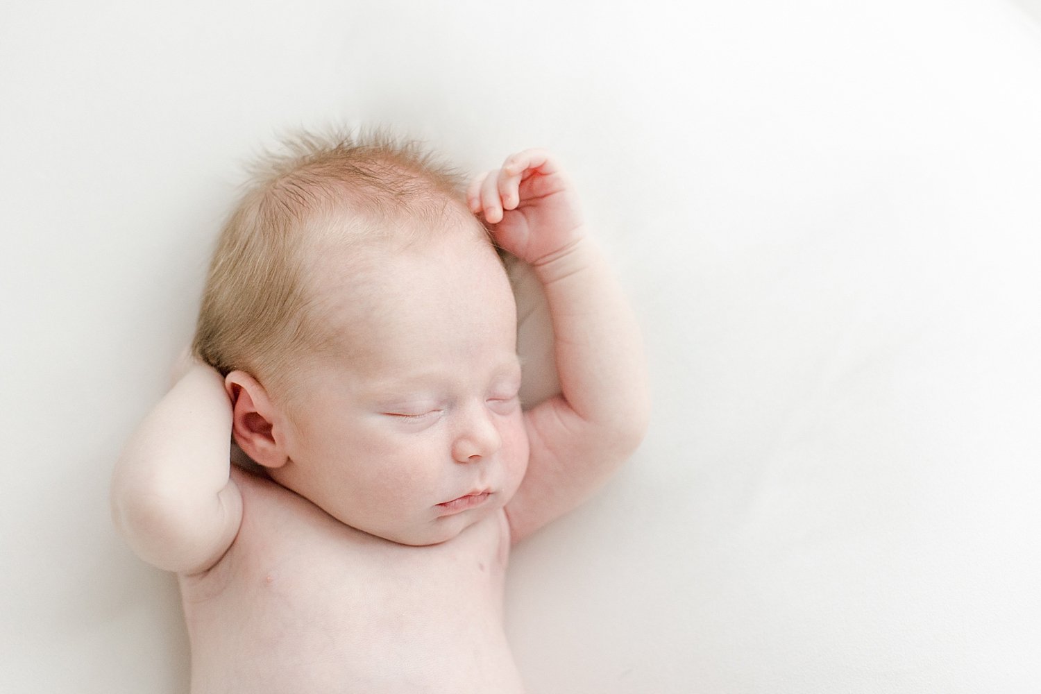 Newborn snuggled up with arms by his face | Kristin Wood Photography