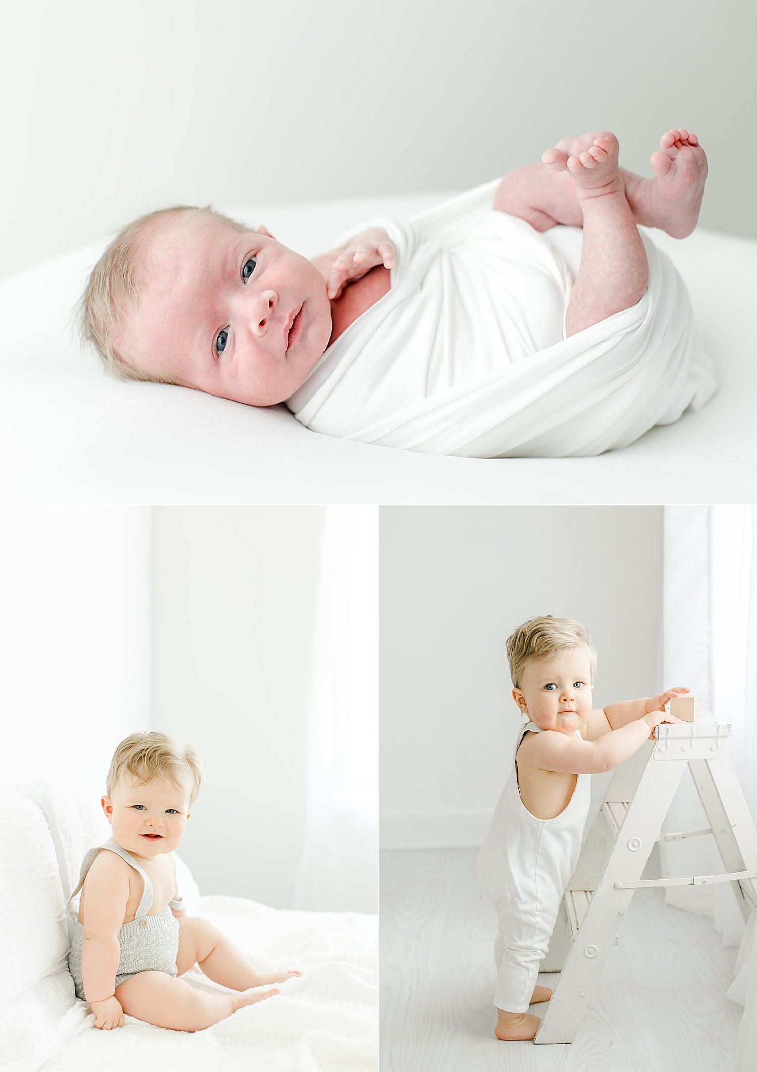 Side by side photos of baby when he was a newborn, at six months and his first birthday. Photos by Kristin Wood Photography.