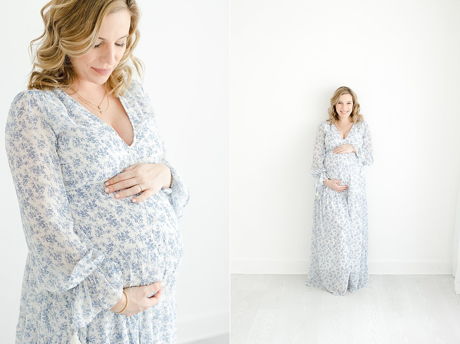 Mom-to-be in beautiful floral blue dress | Kristin Wood Photography