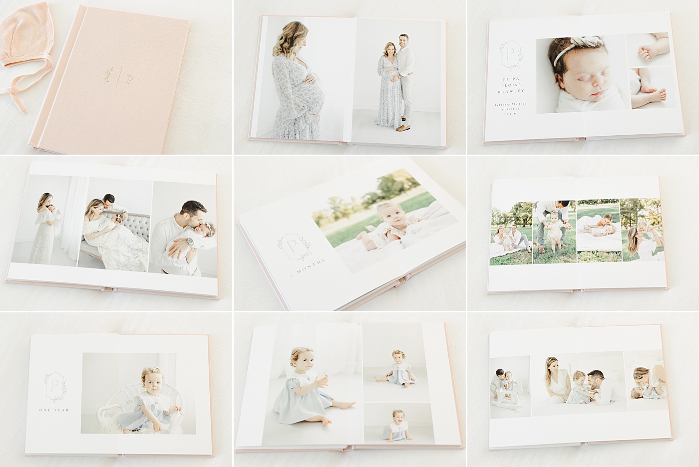 Baby's first year in photos in an heirloom album. Photos and album design by Kristin Wood Photography.