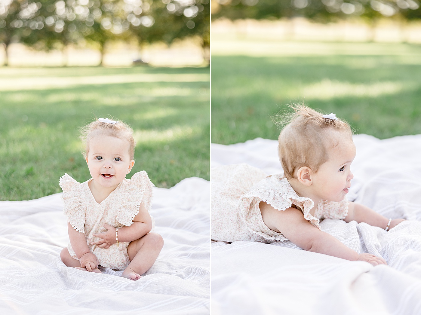 7 month old baby girl sitting on blanket in park at Sherwood Island for photoshoot with Kristin Wood Photography.