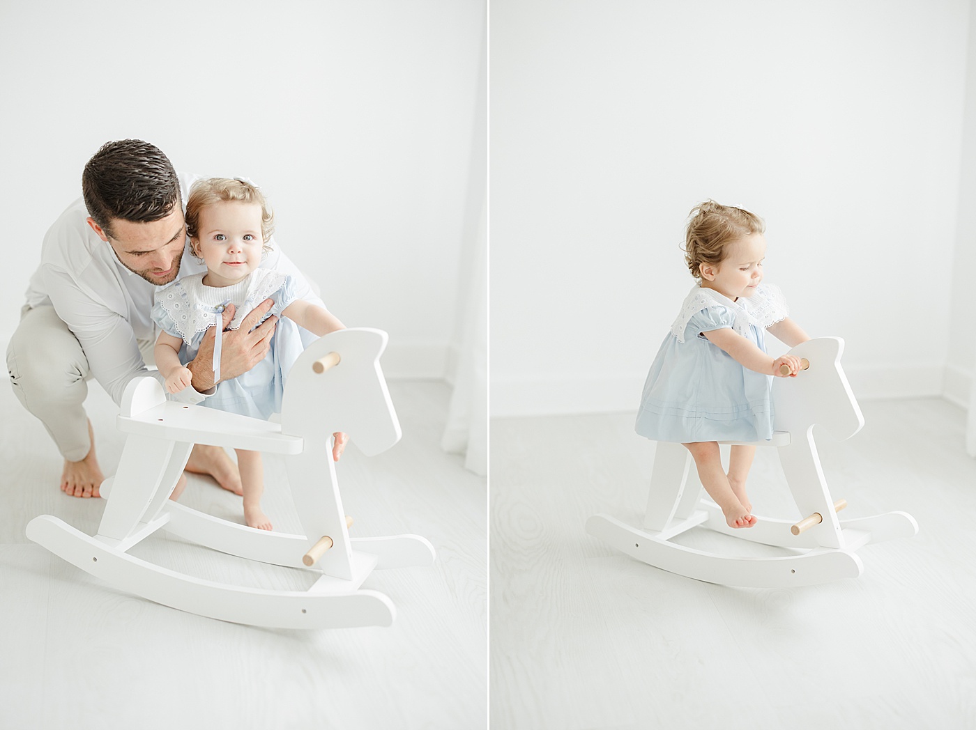 One year old riding a rocking horse during first birthday photoshoot with Kristin Wood Photography.