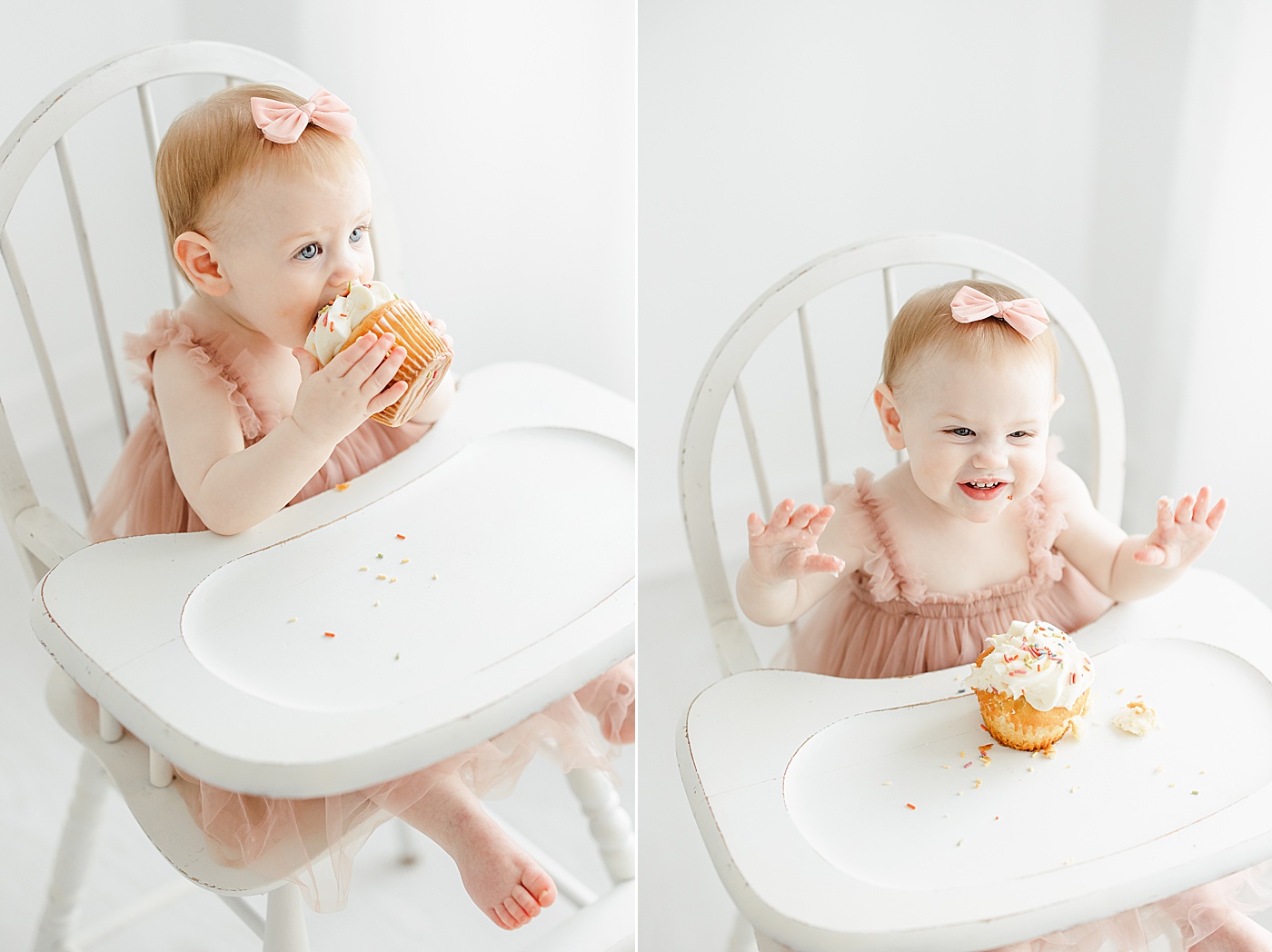 One year old with cupcake at first birthday photoshoot with Kristin Wood Photography.