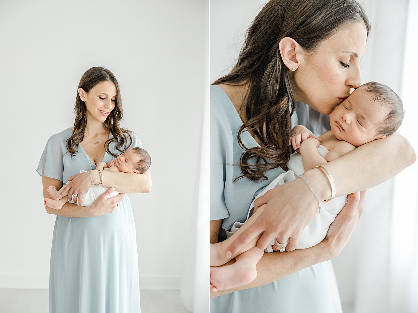 Mom holding her baby boy during studio newborn session with Kristin Wood Photography.