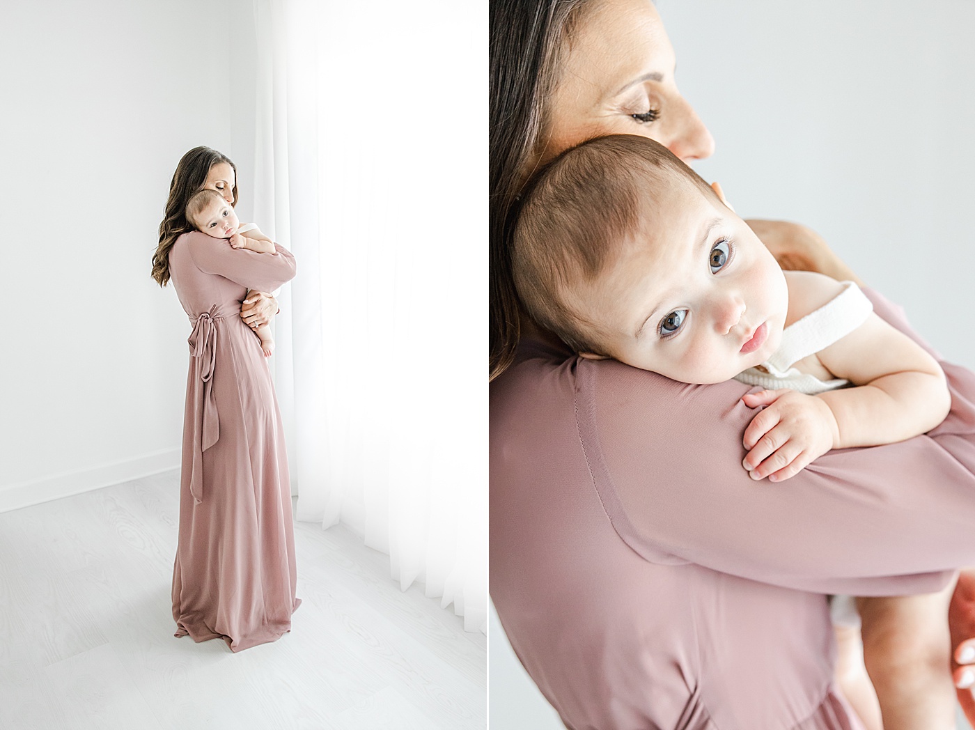 7 month old baby boy snuggling on Mom's shoulder | Kristin Wood Photography