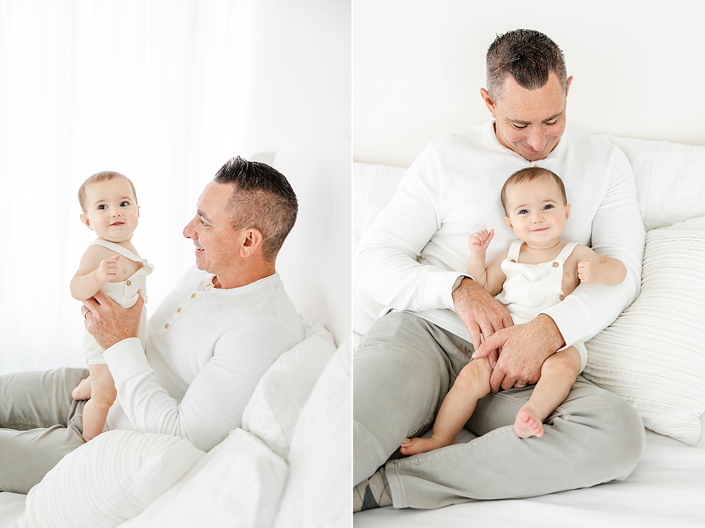 Dad sitting on bed holding son | Kristin Wood Photography