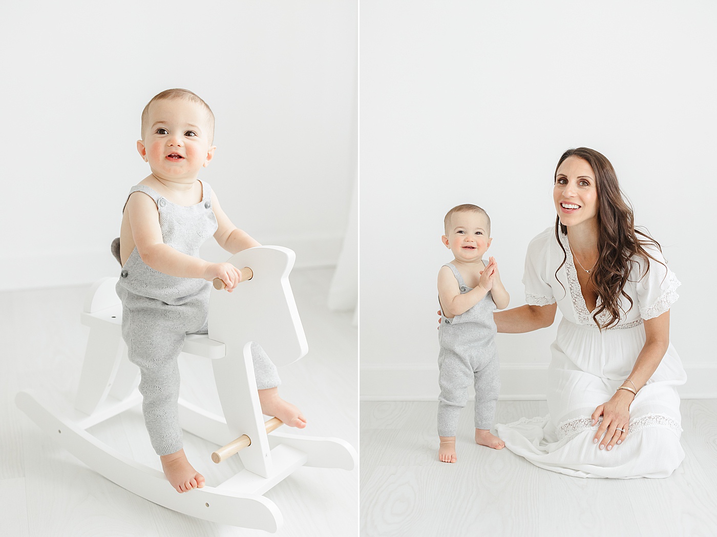 One year old boy standing with rocking horse and Mom during first birthday photoshoot with Kristin Wood Photography.