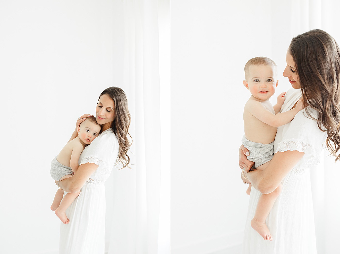 Mom holding one year old son during his first birthday photoshoot with Kristin Wood Photography.