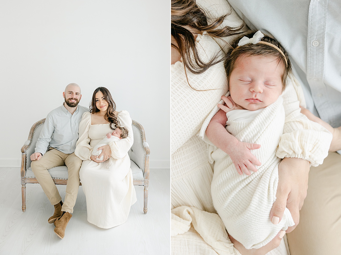 Proud new parents holding newborn daughter for photos with Kristin Wood Photography in Westport, CT studio.