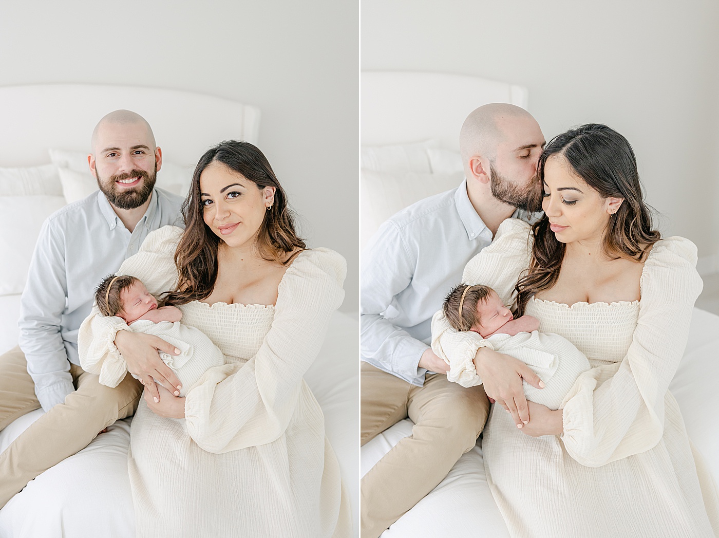 First-time parents sitting on bed holding newborn baby girl | Kristin Wood Photography
