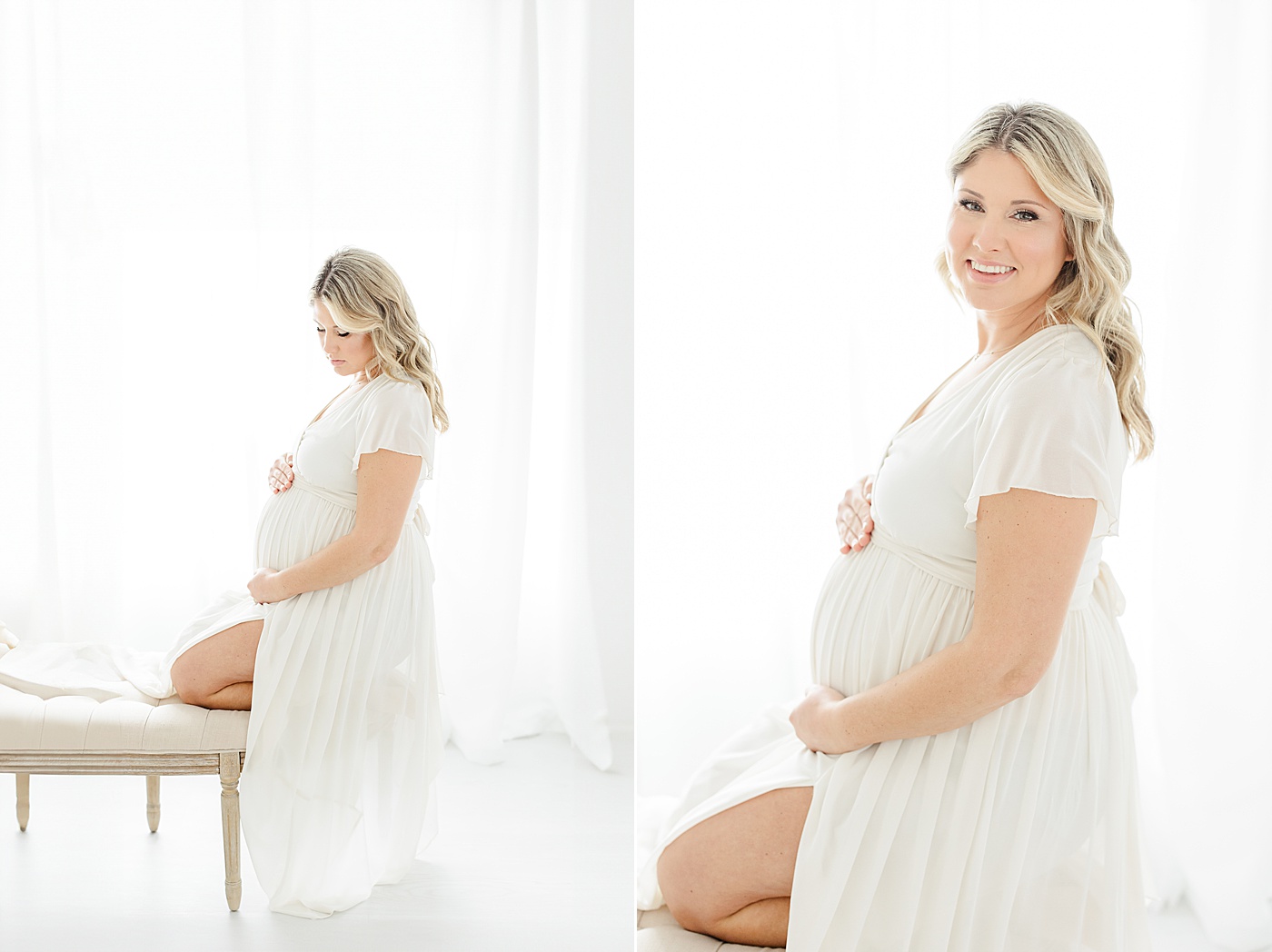 Mom wearing white dress and sitting on bench during maternity session in Westport, CT studio with Kristin Wood Photography.